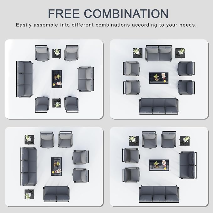 9-Piece Patio Conversation Sets, Metal Outdoor Furniture Set Includes 3-Seater 4 Swivel Rockers with 2 Side Tables 1 Loveseat with Coffee Table for Backyard Garden Deck Porch Poolside, Gray