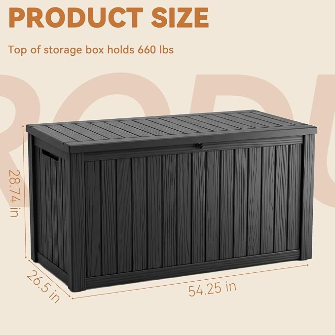 190 Gallon Large Outdoor Storage Box Waterproof, UV Resistant Resin Deck Box with Hydraulic Rod & Lockable Latch for Patio Furniture, Outside Storage Box for Garden Tools, Patio Cushions, Black