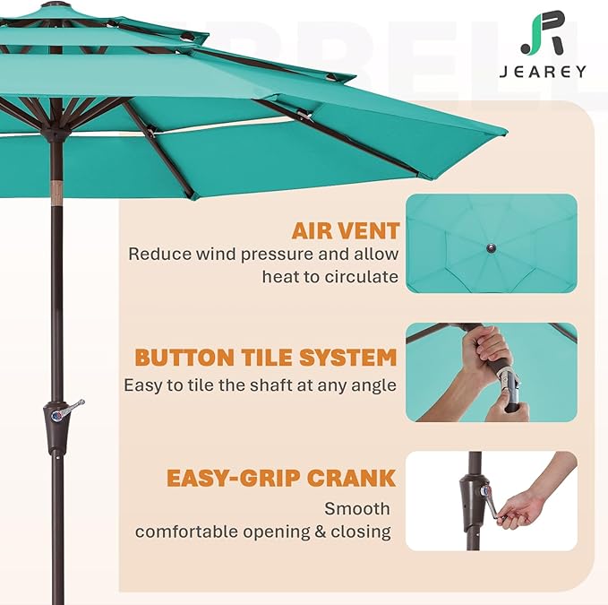 JEAREY 9FT 3 Tier Patio Umbrella Outdoor Market Umbrella Table Umbrellas with 8 Ribs 1.5 Pole Push Button Tilt and Crank UV Protection for Garden,Peacock Blue