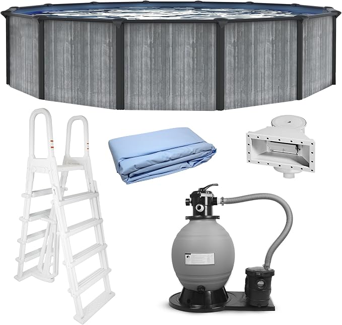 Blue Wave San Pedro 24-ft Round 52-in Deep Hard Sided Steel Frame Above Ground Pool with 6-in Steel Top Seats, Dual-Speed Sand Filter System, Ladder, Skimmer & Liner – 12,600 Gallon Cap for Family Use