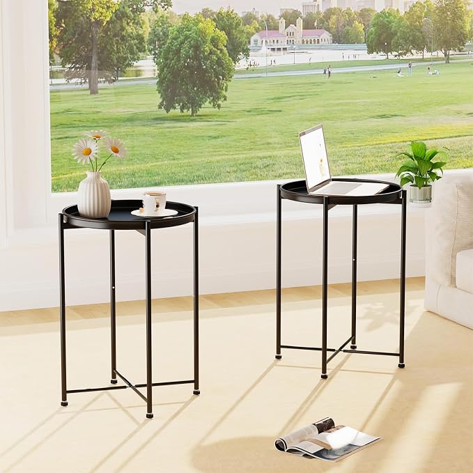 Garden 4 you Small Side Table, Mini Round End Table, Tray Table with Metal Frame, Modern Nightstand for Living Room, Bedroom, Patio, Small Space, 2pcs
