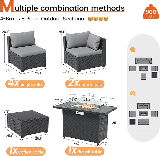8 Piece Patio Furniture Set with 43" Fire Pit Table, Outdoor Sectional Wicker Rattan Sofa Set with Coffee Table (Grey/Black)