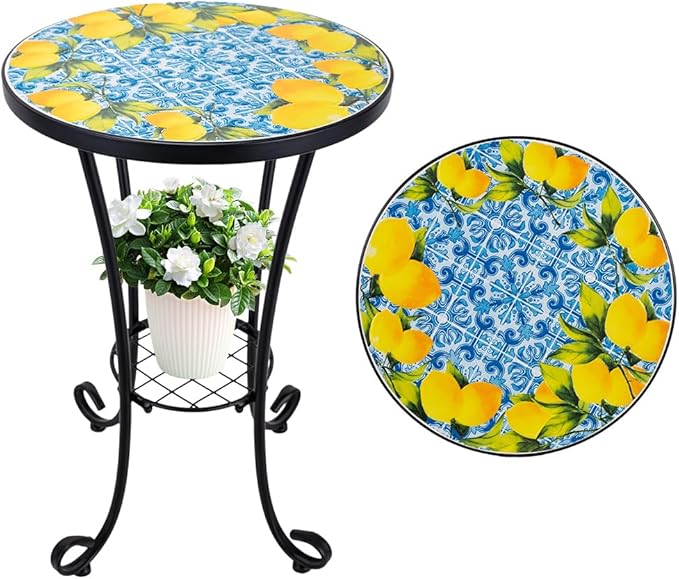 14 Inch Mosaic Patio Side Table with Scroll Legs, Indoor Outdoor Accent Round End Table with Ceramic Tile Tops for Yard, Garden, Living Room, Bistro, B - Lemon & Blue Tile