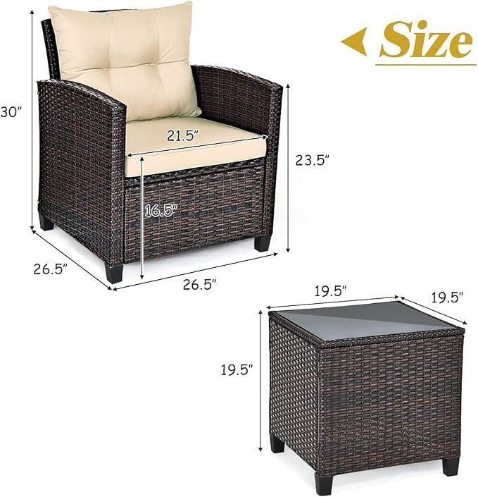 DORTALA Wicker Patio Furniture Set 3 Piece, Outdoor Table and Chairs with Tempered Glass Tabletop, Cushions, Small Rattan Conversation Sofa Set for Balcony, Porch, Backyard, Deck, Beige
