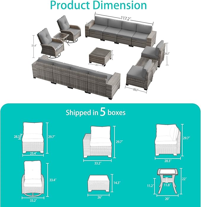 15-Piece Outdoor Patio Furniture Set with Rocking Swivel Chair Wicker Sectional Sofa Set, Patio Conversation Set with Thickened Cushions & Coffee Table for Garden, Backyard, Poolside, Grey