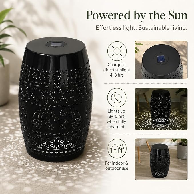 12" Outdoor Solar Side Table, Decorative Cutout Metal Round Side Table, Multi Functional - Coffee Table, Night Stand, Plant Stand for Patio, Garden, Backyard, Gazebo Indoor (Black)