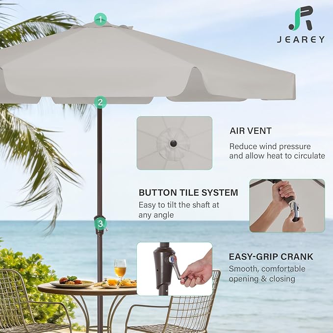 JEAREY 9 FT Patio Umbrella Outdoor, Table Umbrellas Market Umbrella w/Push Button Tilt/Crank, 8 Sturdy Ribs(Fog Gray)