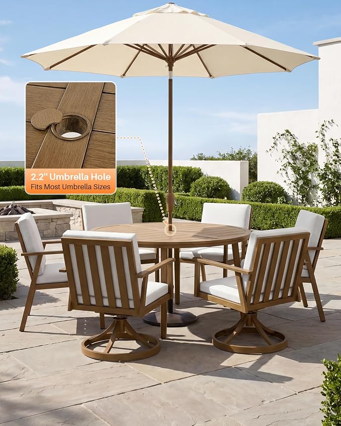 7 Pieces Teak Round Patio Dining Set, Aluminum Outdoor Dining Set Includes Oversize Round Dining Table, 4 Dining Chairs & 2 Swivel Chairs, Outdoor Table and Chairs Set for Yard, Deck, Lawn