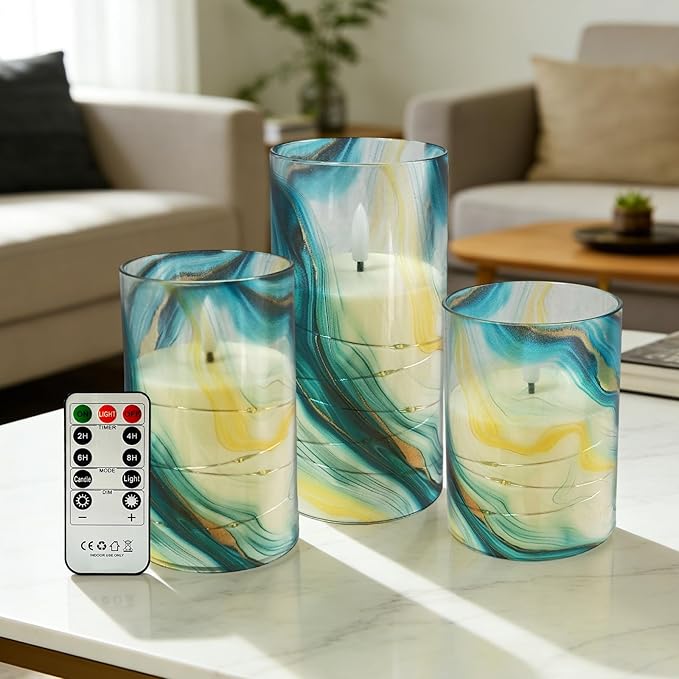 Flickering Flameless Candles, Recessed String Light LED Candles 3D Wick Acrylic Battery Operated LED Pillar Candles with Remote and Timer for Modern Simple Home Decor Set of 3(Marble Printed)
