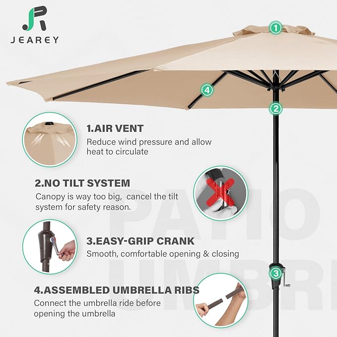 JEAREY 11' Patio Umbrellas Outdoor Table Market Umbrella w/Crank, 8 Sturdy Ribs, UV Protection Windproof for Garden, Deck, Backyard, Pool(Beige)