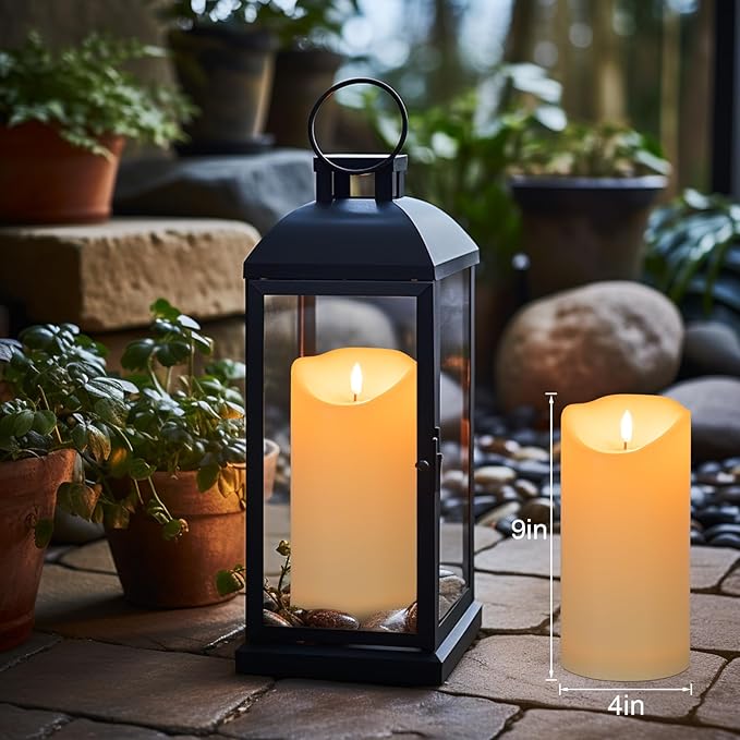 ANGELLOONG 9" x 4" Flickering Flameless Candles with Remote, Battery Operated Timer Candles, LED Pillar Candles for Outdoor Lanterns Porch, Set of 2