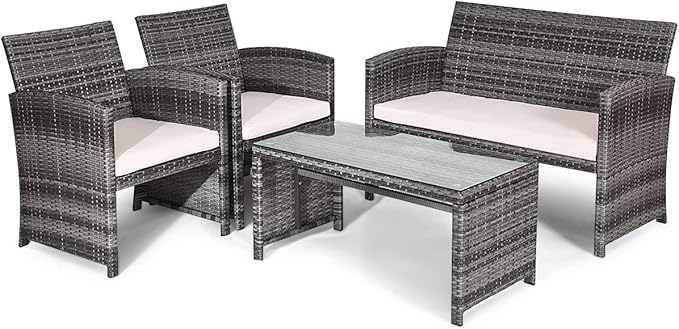 Goplus Rattan Patio Furniture Set 4 Pieces, Outdoor Wicker Conversation Sofa and Table Set with Soft Cushions & Tempered Glass Coffee Table for Balcony Garden Backyard (Beige(Mixed Color Wicker))