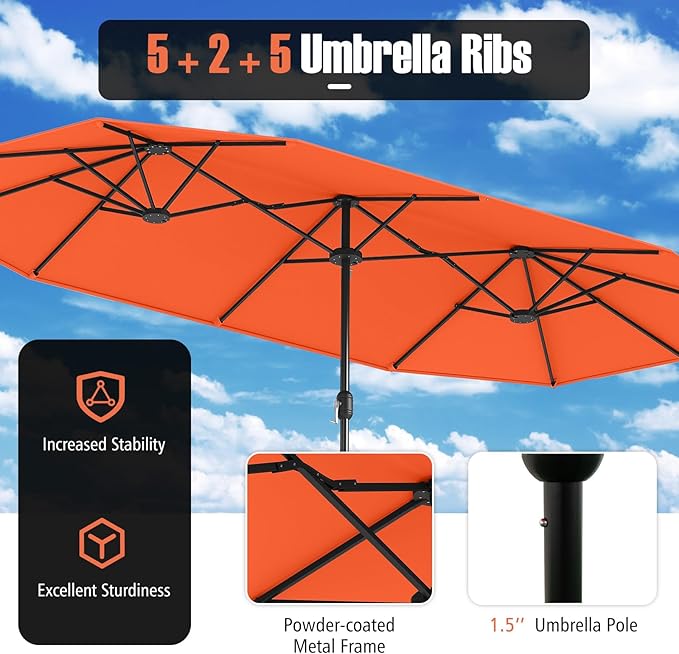 Tangkula 13FT Double-sided Patio Umbrella, Extra Large Twin Table Umbrella with Crank Handle, Umbrella Base, Safety Lock, Air Vent, Outdoor Market Umbrella for Garden Pool Backyard (Orange)