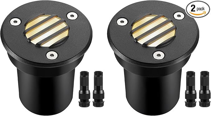 Junview Low Voltage Landscape Lights with Connectors Grated Top Anti-Glare LED Well Lights 12V-24V Waterproof Outdoor In-Ground Light 3000K Landscape Lighting for Garden Yard Deck Pathway (2)