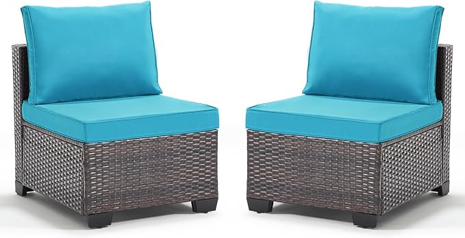 ANJ Outdoor Wicker Patio Chairs Set of 2, Modular Armless Patio Seating with Thick Cushions, All-Weather Rattan Conversation Chair Set for Porch, Balcony, Garden, Backyard, Dark Brown Wicker-Turquoise