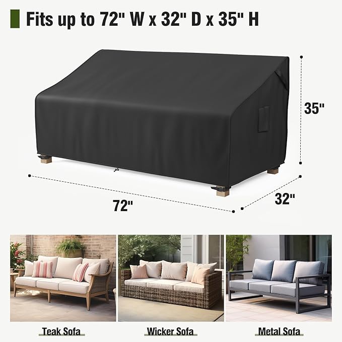 MR.COVER 3-Seater Outdoor Couch Cover Waterproof, Patio Furniture Cover for Sofa, Heavy Duty Outdoor Sofa Covers, Polyester & Double-Stitched Seams, Fits up to 72" W x 32" D x 35" H, Classic Black
