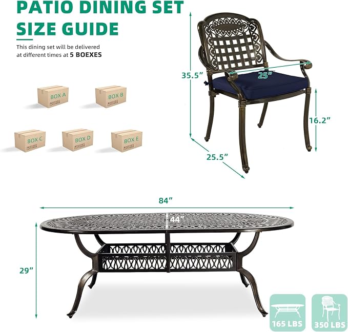 VIVIJASON 9-Piece Patio Furniture Dining Set, Rust-Free Cast Aluminum Outdoor Conversation Set, Include 8 Cushioned Chairs and an Oval Table with Umbrella Hole for Lawn Backyard, Navy Blue Cushion