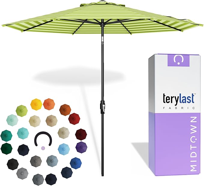 The Swilt 9 Feet Outdoor Umbrella With Terylast Pear Stripes (Green/White) Polyester Fabric - Fiberglass Ribs, Auto-Tilt And Swivel Aluminum Frame Patio Umbrella For Deck, Garden, Pool - Black Pole