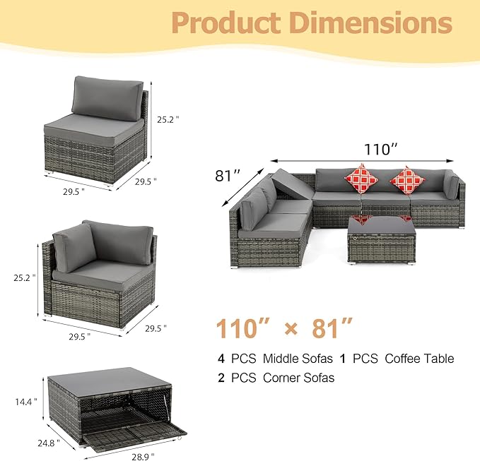 7 Piece Patio Furniture Set with Adjustable Bracket Grey Wicker Rattan Patio Conversation Sets Sectional Sofa Set with Table and Cushions for Porch Lawn Garden, Grey