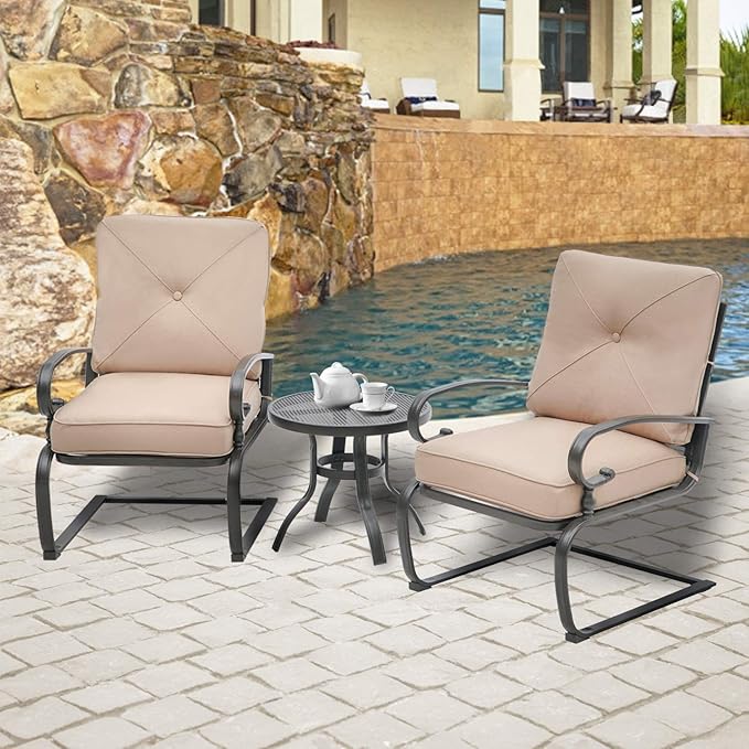 Outdoor 3 Pcs Patio Bistro Spring Set Motion Metal Lounge Chairs and Round Table, Frame Conversation Set with Washable Cushions, Brown