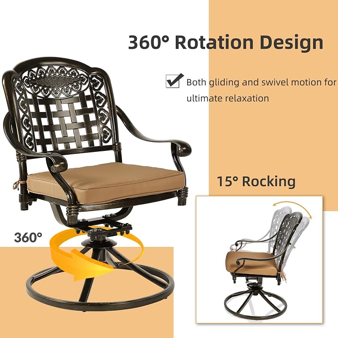 3-Piece Outdoor Patio Dining Set, All-Weather Cast Aluminum Patio Furniture Set for Backyard Garden Deck with 2 Swivel Cushioned Chairs and 31” Round Table, 2" Umbrella Hole, Khaki