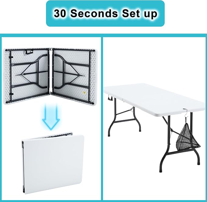 VECELO 6Ft Folding Picnic Table,Indoor Outdoor Plastic Portable Foldable Desk with Handle, Mesh Trash Bag&Lock Legs Heavy Duty for Camping, Dining, Party, White