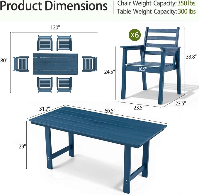 7-Piece Outdoor Dining Set, All-Weather HDPE Patio Furniture, 66.5" Slatted Table with 1.6" Umbrella Hole & 6 Ergonomic Armchairs, Heavy Duty 350lbs Capacity, UV Resistant, Blue