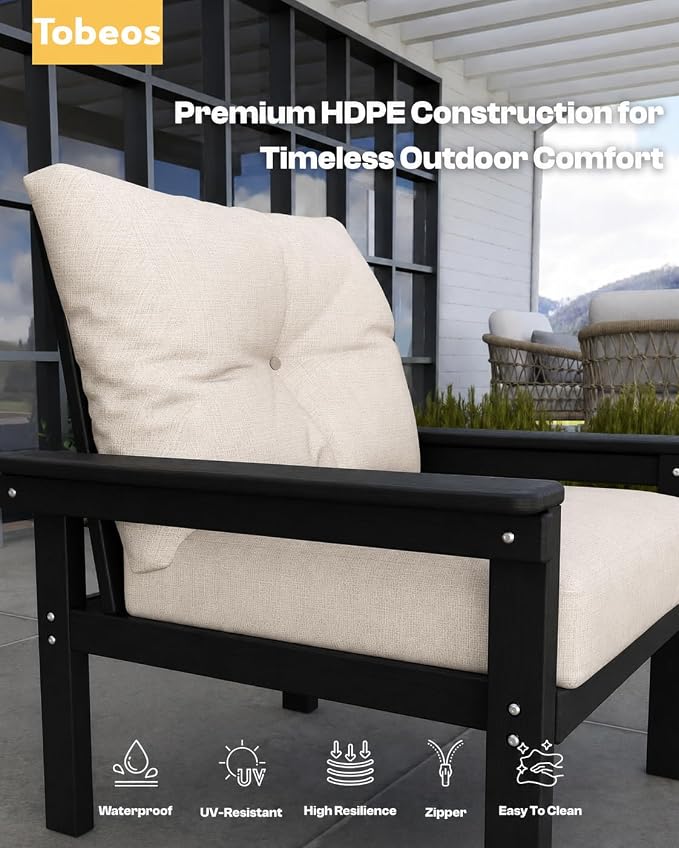 HDPE 3 Piece Patio Furniture Set, All-Weather Outdoor Couch Bistro Set with Thick Cushions & Side Table, Patio Conversation Sets for Lawn, Garden, Porch, Balcony, Deck, Poolside, Black & Beige
