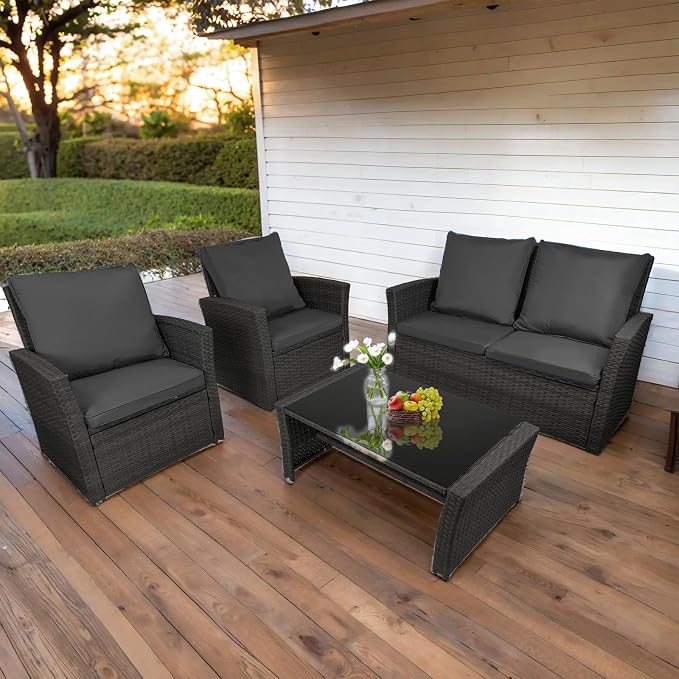 4 Piece Patio Furniture Set, All-Weather Wicker Sectional Conversation Set with Tempered Glass Table & Cushioned Sofa,Outdoor Sofa for Garden, Porch, Backyard (Black-Gray)