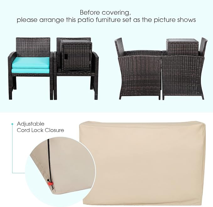 Tangkula 3 Pieces Outdoor Wicker Conversation Set with Waterproof Cover, 2 Patio Rattan Cushioned Chairs with Side Storage Table, Suitable for Front Porch, Balcony, Garden, Poolside (Turquoise)