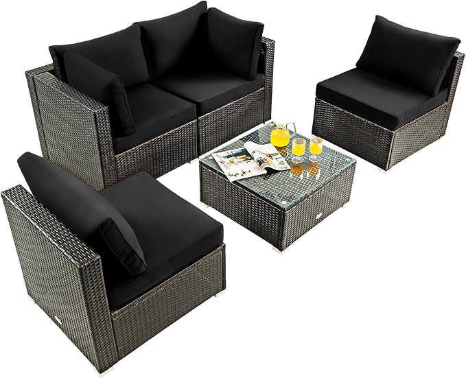 COSTWAY 5-Piece Outdoor Patio Furniture Set, PE Rattan Sofa Chairs with Cushions and Tempered Glass Coffee Table, Conversation Sofa Set for Backyard Garden (Black)