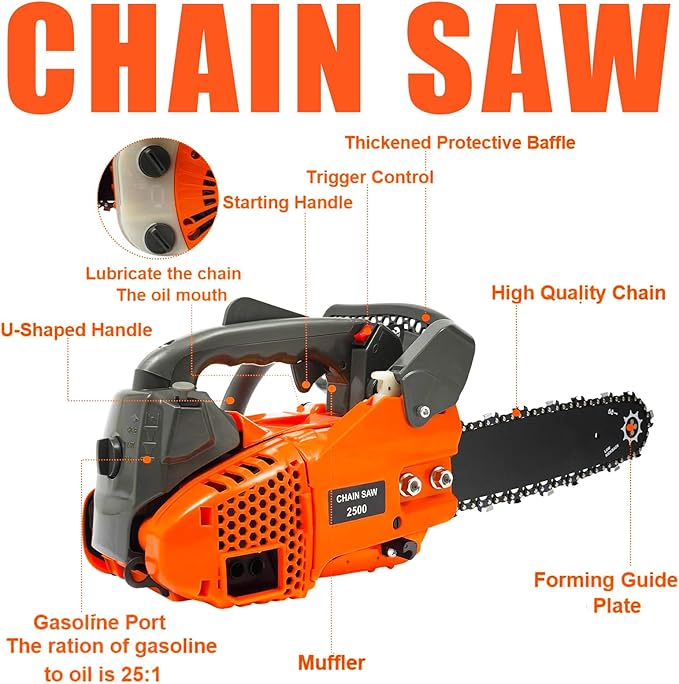 25.4CC 2-Cycle Top Handle Chainsaw Gas Chainsaws, 11.8 Inch Gas Powered Petrol Handheld Cordless Gasoline Chain Saw w/Safety Lock & Automatic Return Switch for Wood Pruning, Tree Stump Trimming