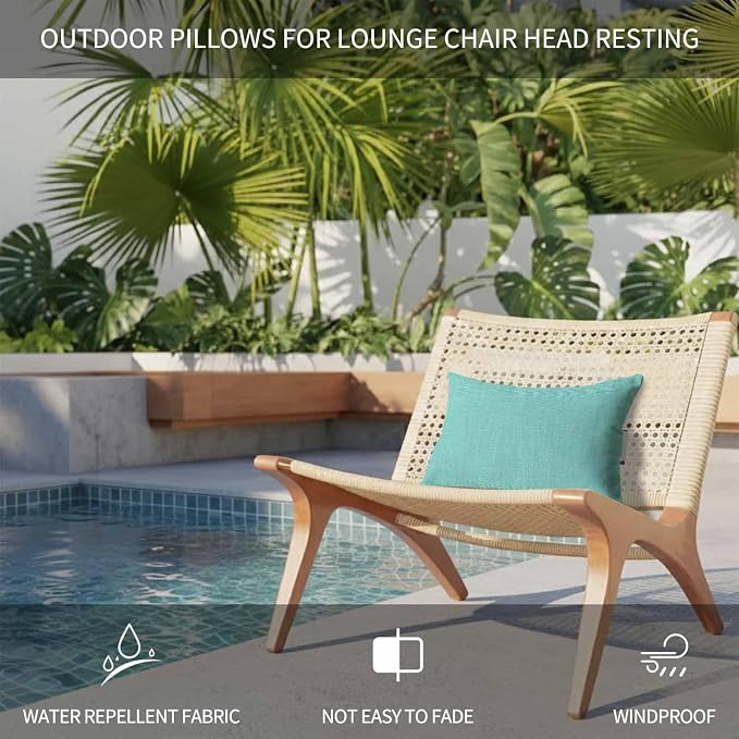 Turquoise Outdoor Lumbar Pillows 11x16 Set of 2, Farmhouse Burlap Solid Teal Color Modern Linen Texture Waterproof Throw Pillow Covers with Insert, Decorative Pillowcase Cushion for Couch Sofa Bed