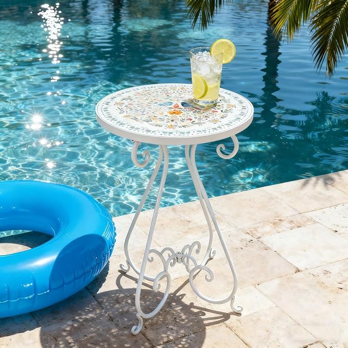 Vintage Outdoor Side Table Round Mosaic Ceramic Tile Top 14" Diameter Metal Plant Stand for Flower Pots Vase Garden Home Porch Pool Indoor Decor Weather Resistant Outside Patio Accent End Furniture