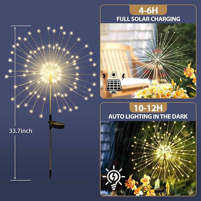 DONGULI Outdoor Solar Garden Lights, 120 LEDs 8 Lighting Modes 6 Packs Waterproof Solar Fireworks Light Sparklers for Patio Walkway Yard Courtyards Pathway Christmas Party Decorations
