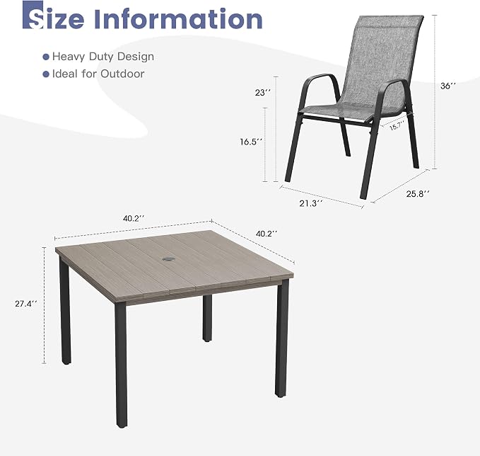 VICLLAX Square Outdoor Patio Dining Set, Metal Slatted Patio Table with Umbrella Hole and 4 Stackable Patio Chairs for Deck Lawn Garden, Grey Fabric and Antique Grey Tabletop