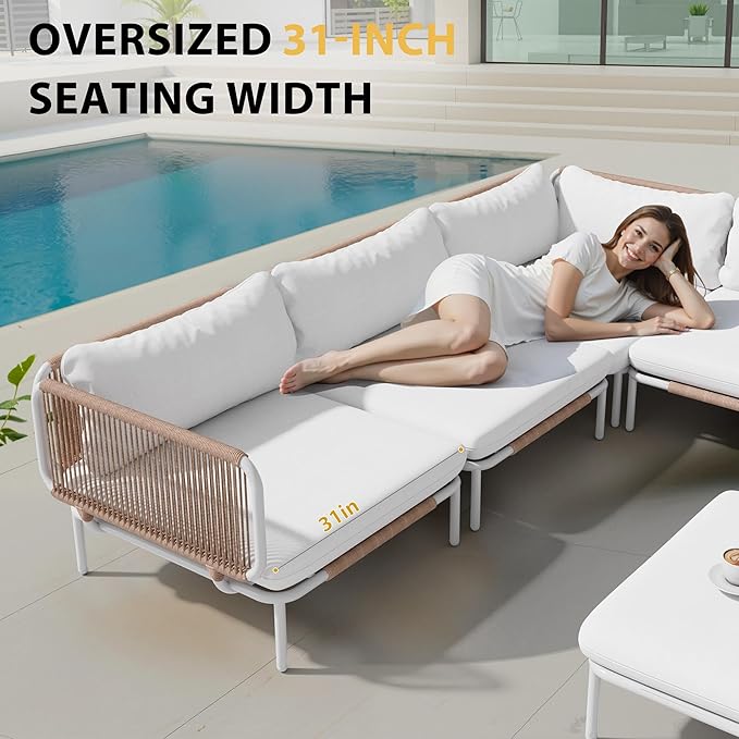 6 Piece Modern Outdoor Sectional Sofa, 31" Oversized Patio Furniture Set with Olefin Woven Rope, Weather-Resistant Metal Frame and Removable Cushion, Beige