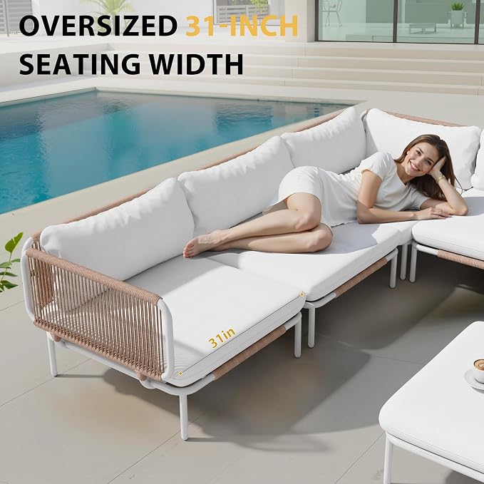 Patio Furniture Set, Outdoor Patio Furniture Oversized Metal Single Sofa, 4-seat Conversation Set with Cushion for Indoor and Outdoor, White Frame and Beige Mat, （4Seats 4 Armrests）