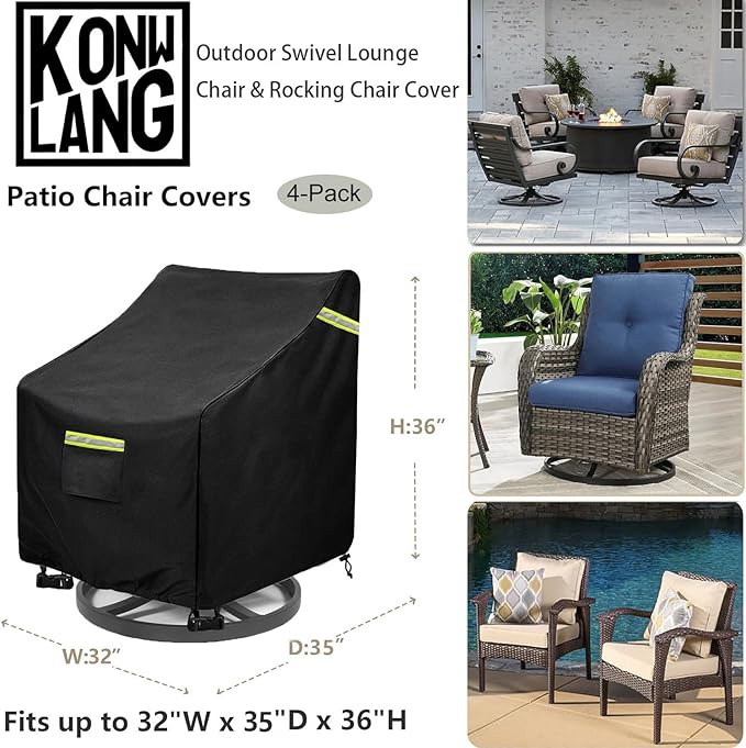 Outdoor Swivel Lounge Chair Cover 4 Pack,(32W x 35D x 36H inches ) 100% Waterproof Heavy Duty Outdoor Chair Covers， Patio Chair Covers Waterproof Patio Furniture Covers（Black）