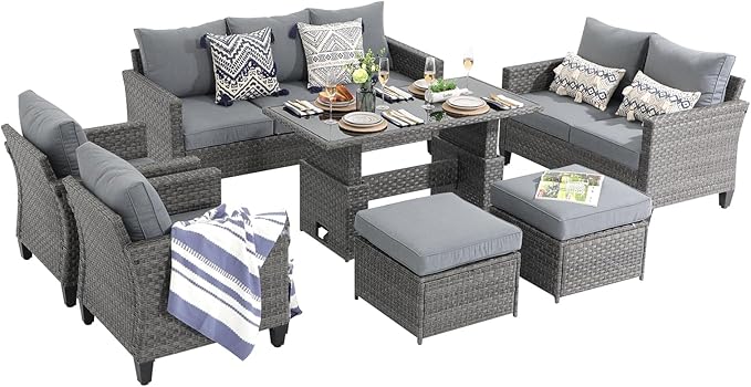 SUNSITT Outdoor Patio Furniture Set 7 Piece Wicker Conversation Set with Lift Coffee Table Sectional Dining Set 3 Seat Sofa Couch with Loveseat Ottoman, Grey Wicker & Grey Cushion