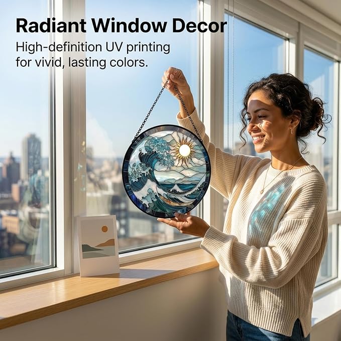 Birthday Gifts for Women - Blue Giant Waves Faux Stained Glass Window Hanging Sun Catcher for Door Garden Acrylic Home Sea Decor Mother's Day for Mom Nana Friend Grandma Wife 9.8"