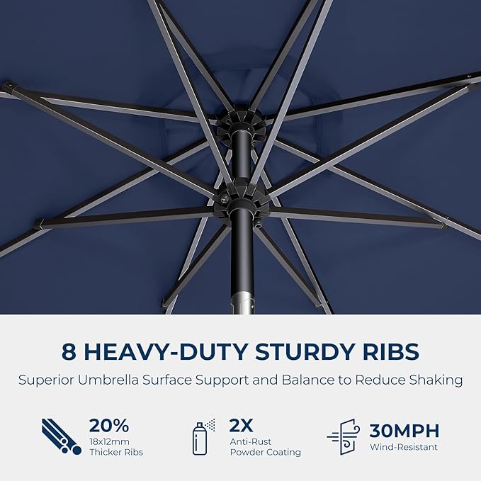 HOMSHADE 9ft Solar Patio Umbrella - Solar Lights LED Lighted UPF50+ UV Protection Umbrella, Outdoor Market Table Umbrella with Push Button Tilt, Crank for Pool Deck and Garden (Navy)