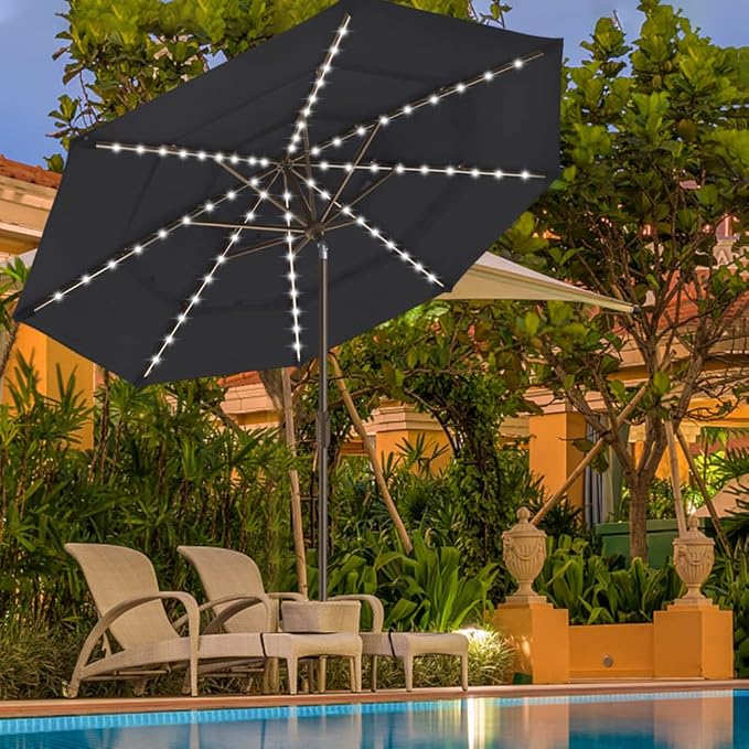 EliteShade USA 10-Year-Non-Fading 9ft 3-Tier Market Patio Umbrella, Commercial Table Umbrella with 80 Solar LED Lights, Crank Open, Windproof & UPF 50+ UV Protection for Garden, Deck, Pool, Backyard, Black