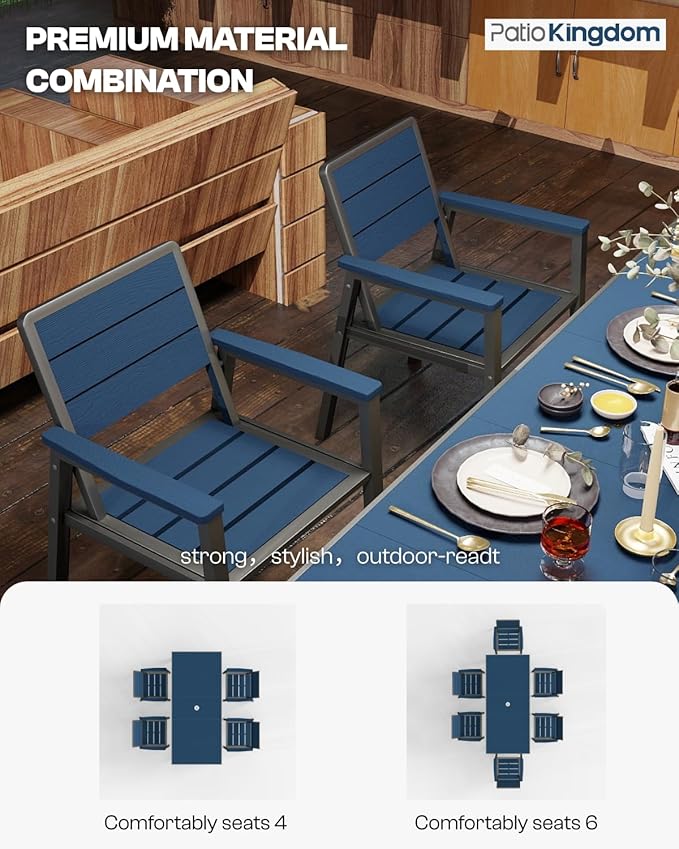 7-Piece Patio Dining Set with 11FT Umbrella, Aluminum & HDPE Outdoor Table and Chairs, Weather-Resistant All-Season Backyard, Deck & Patio Dining Furniture with 2" Umbrella Hole (Navy)