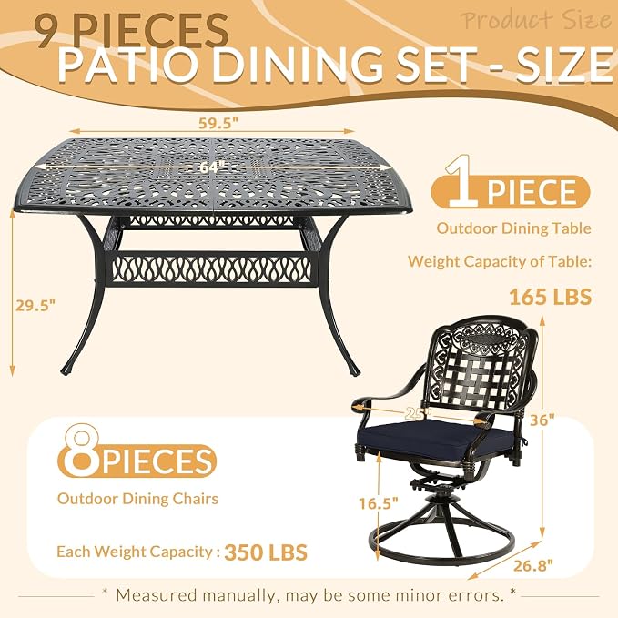 9 Piece Outdoor Patio Dining Set for 8, Cast Aluminium Large Square Dining Table & 8 Swivel Rocker Chairs with Removable Cushions, Umbrella Hole, Patio Furniture Set for Garden, Navy Blue