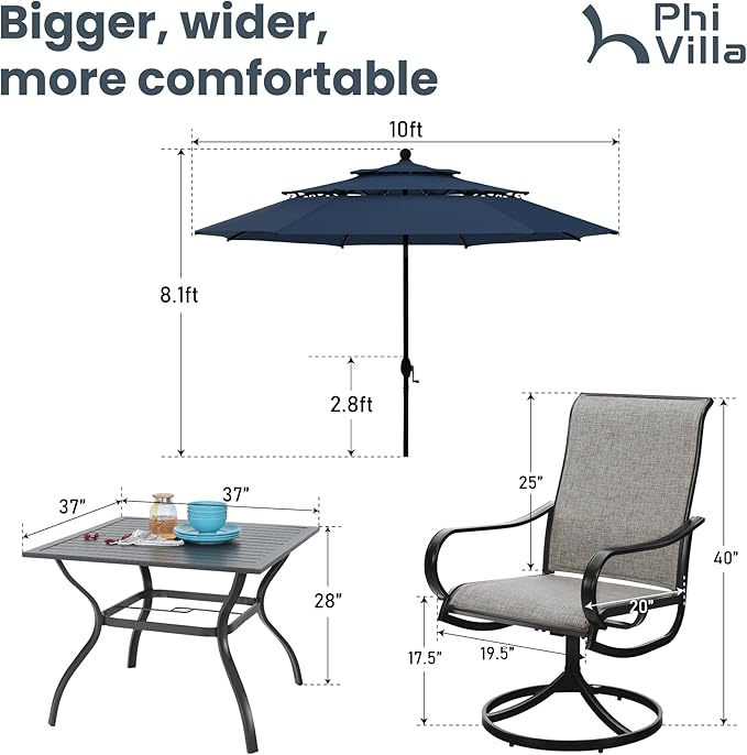 PHI VILLA Patio Table and Chairs Dining Set with Umbrella for 4, Outdoor Dining Set with 4 Swivel Patio Chairs, 1 Square Metal Dining Table and 10ft Navy Blue Large Patio Umbrella (No Umbrella Base)