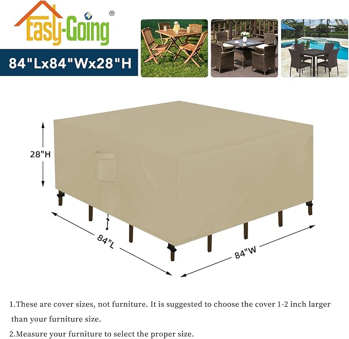 Easy-Going Square Patio Furniture Waterproof Outdoor Dining Table and Chair Covers - Anti-UV Outside Sectional Sofa Set (84"L x 84"W x 28"H, Camel)