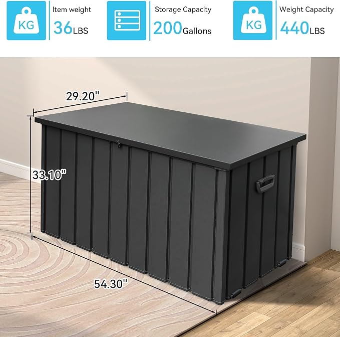 Metal Deck Box, 200Gallon Outdoor Storage Box Waterproof, Large Patio Furniture Storage Cabinet, Lockable Storage Chest for Porch, Pillows, Cushions, Pool, Tools, Backyard -Grey