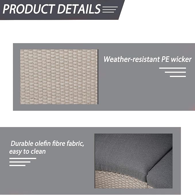 Incbruce Outdoor Half Moon Patio Furniture 5-Piece Curved Outdoor Sofa, All-Weather Outdoor Sectional Furniture Patio Conversation Sets with Round Tempered Glass Top Table (Grey Cushions)