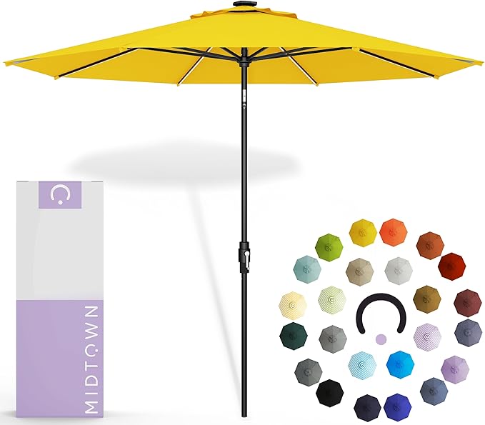 Midtown Umbrellas The LED Swilt 8 Feet Patio Umbrella With Terylast Sunflower (Yellow) Polyester Fabric - Auto-Tilt Aluminum Frame With LED Lights For Backyard, Deck, Garden, Pool - Black Pole